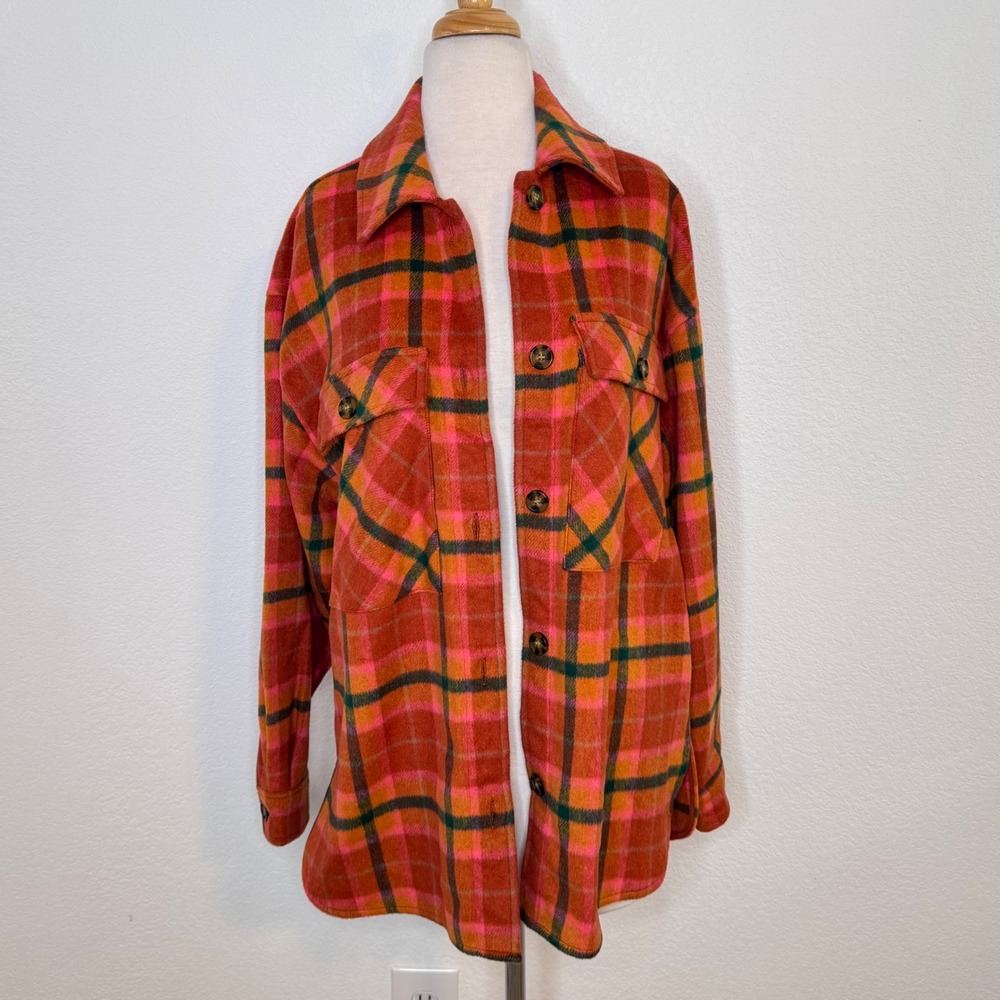 Wild Fable Women Flannel Shacket Size S Plaid Orange Pink Shirt Jacket Cabincore